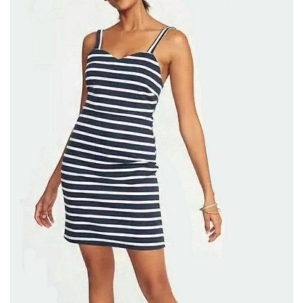 Old Navy Ponte Sheath Dress Women Size S Navy Blue & White Stripes Wide Straps